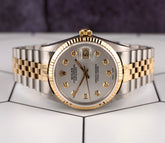 Rolex Datejust 36mm 18k YG & Steel Fluted Silver Diamond Dial Watch 16013